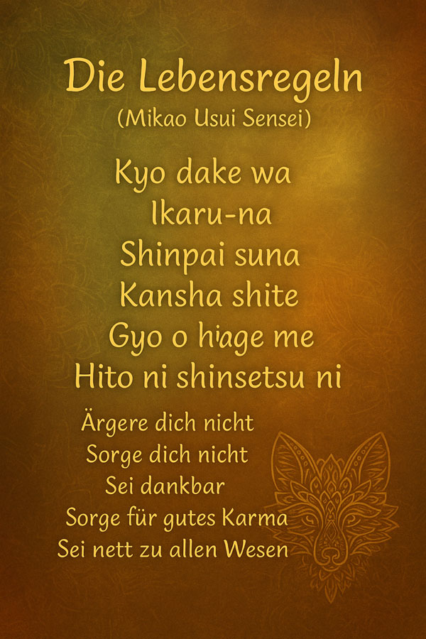 Das Bild zeigt die Lebensregeln von Mikao Usui Sensei
