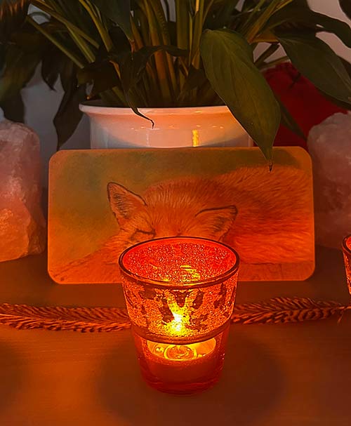 Das Bild zeigt eine Kerze, die scheint. Dahinter eine Abbildung eines schlafenden Fuchses.