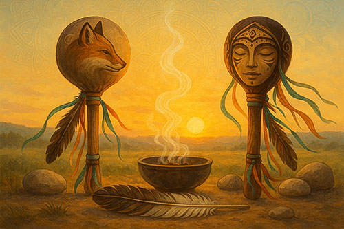 Das Bild zeigt eine Bildkomposition mit zwei schamanischen Elementen, in der Mitte eine Schale, aus der es raucht, davor eine Feder, Im Hintergrund ein Sonnenuntergang